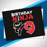 Kids Birthday Ninja - 9 Year Old Party Theme Postkarte<br><div class="desc">This Birthday Ninja 9 design makes a perfect gift for a 9 year old ninja birthday party. It features the Japanese symbol for Ninjutsu with a cartoon ninja doing a karate kick that the birthday boy or girl will love. This ninja birthday design for boys and girls is a perfect...</div>