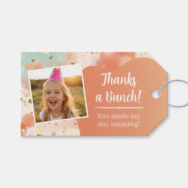 Kids Birthday Photo Thanks a Bunch Pastel Confetti Geschenkanhänger (Vorderseite (Horizontal))