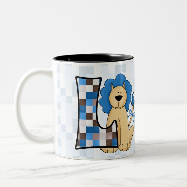 Kids Blue Lion Monogram Big Letter L mit Name Zweifarbige Tasse (Links)