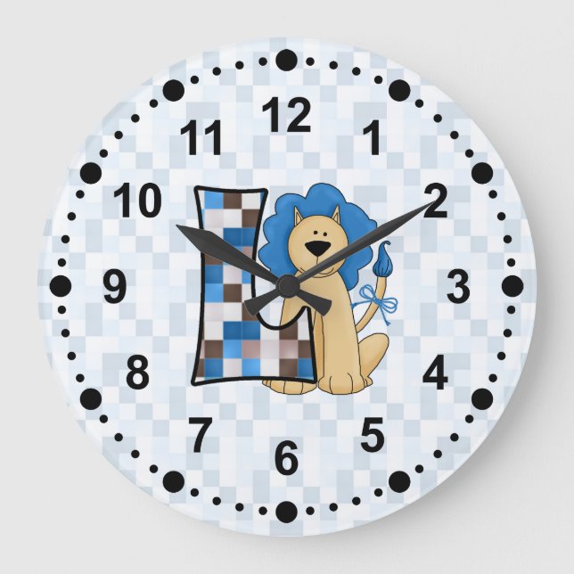 Kids Blue Lion Patchwork Mongoram Letter L Große Wanduhr (Vorderseite)