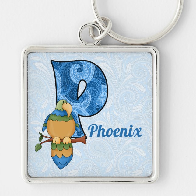 Kid's Blue Paisley Parrot Monogram Letter P Schlüsselanhänger (Vorne)