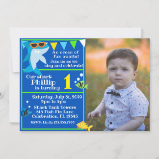 Kids Blue Shark Fintastic Birthday Foto Einladung