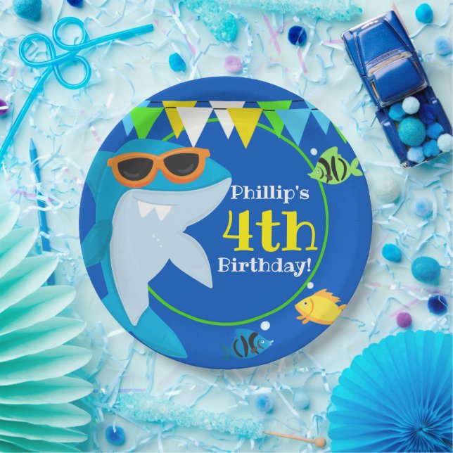Kids Blue Shark Fintastic Birthday Pappteller (Party)
