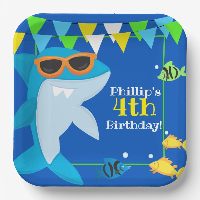 Kids Blue Shark Fintastic Birthday Pappteller (Vorderseite)