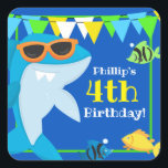 Kids Blue Shark Fintastic Birthday Quadratischer Aufkleber<br><div class="desc">Feiern Sie Ihren kleinen Hai zum Geburtstag! Dieses hübsche Blau mit Sonnenbrillen ist ein Hit für Ihr Party. Sämtliche Texte können auf der Einladung angepasst werden. Blasen und Fische sorgen für unterhaltsame Details. Ideal für alle Untersee-Party oder Hai-Party. Grafik nach PrettyGrafik.</div>