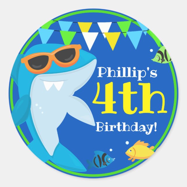 Kids Blue Shark Fintastic Birthday Runder Aufkleber (Vorderseite)