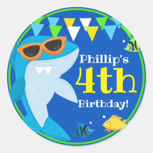 Kids Blue Shark Fintastic Birthday Runder Aufkleber