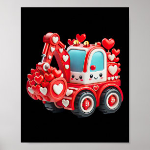 Kids Boys Kawaii Valentine Red Construction Truck Poster