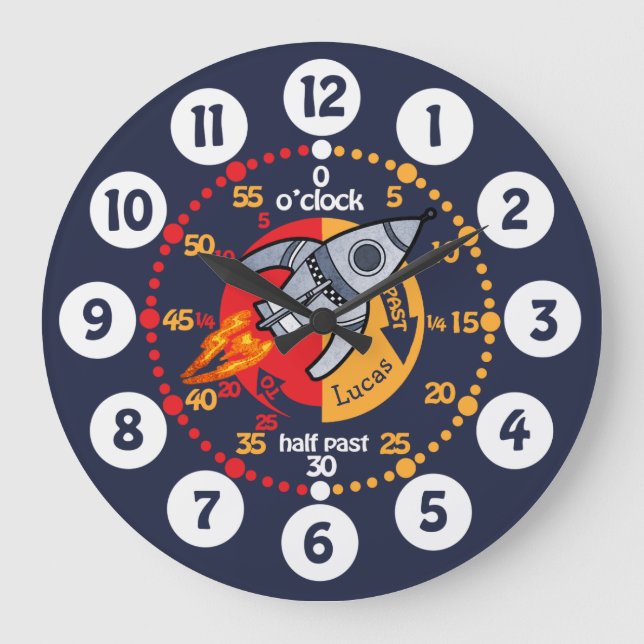 Kids boys learn to tell time space rocket clock große wanduhr (Vorderseite)