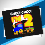 Kids Choo Choo Train 2nd Birthday Choo Choo I'm 2 Postkarte<br><div class="desc">This CHOO CHOO I'm 2 design makes the perfect train themed birthday party gift for your two year old toddler boy or girl. This 2nd birthday party design is perfect for kids who like train, railroad tracks and the choo choo of the whistling train horn. This train birthday party theme...</div>