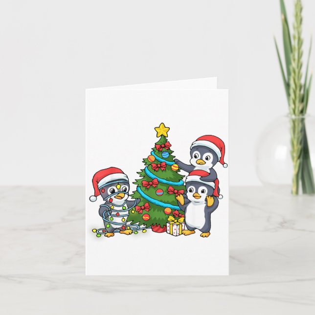 Kids Christmas Penguin Christmas Tree Lights Baubl Karte (Vorderseite)