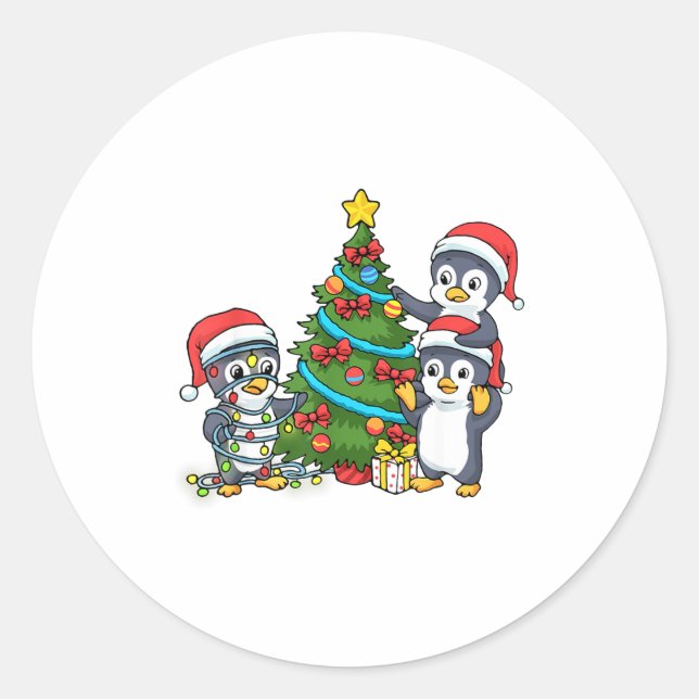 Kids Christmas Penguin Christmas Tree Lights Baubl Runder Aufkleber (Vorderseite)
