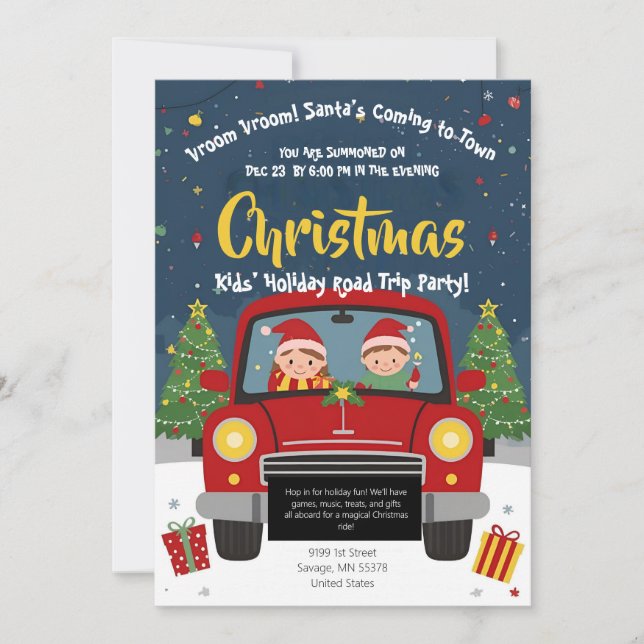 Kids Christmas Road Trip Car Holiday Party Card Einladung (Vorderseite)