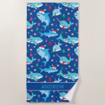 Kids Christmas Shark Narwhal Personalisiert Strandtuch<br><div class="desc">Kinder Hai Narwhal Personalisiert unter dem Meeresstrand Handtuch. Narwhal,  Hai,  Wal unter dem Meer thematisch rot,  grün und blau Ferienmuster mit Pfefferminzen,  Bonbons und Ziergegenständen.</div>