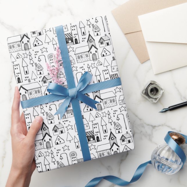 Kids Christmas Village Whimsical Black & White Geschenkpapier (Schenken)