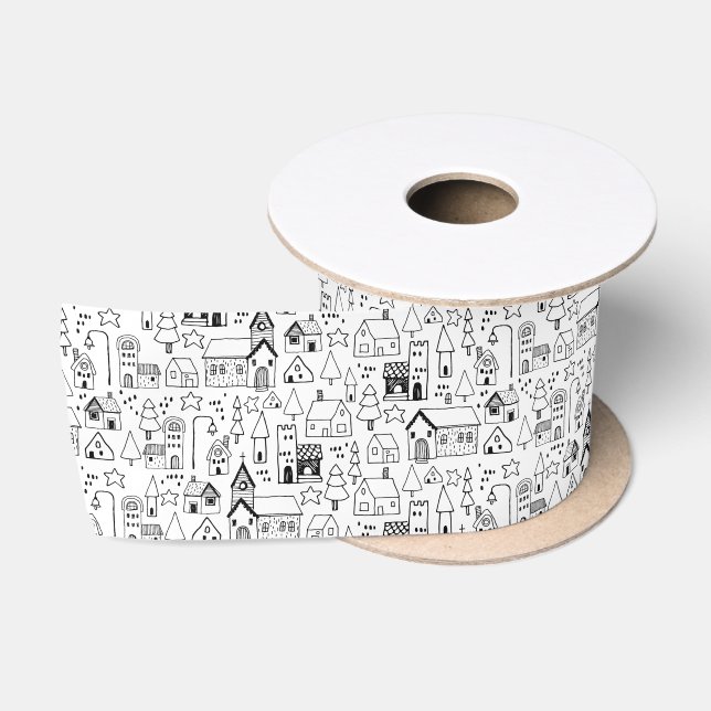 Kids Christmas Village Whimsical Black & White Satinband (Spule)