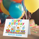 Kids Circus Tiertrainings Niedlicher Geburtstag Karte<br><div class="desc">Diese bezaubernde Zirkustiertrainer-Geburtstagskarte zeigt Zootiere auf einer Safari. Der Zug enthält eine Giraffe,  einen Elefanten,  einen Tiger und einen niedlichen Hippo über dem Monogramm Ihres Kindes,  das in coolen Farben wie Orange,  Grün,  Rot und Blau geschrieben ist.</div>