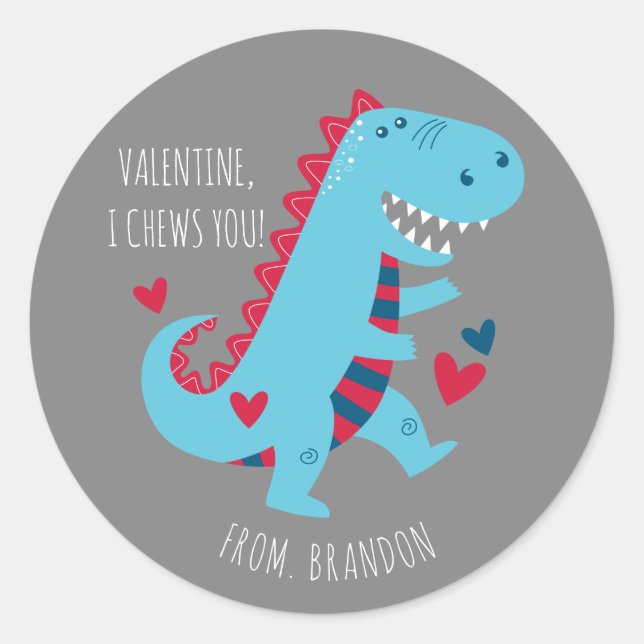 Kids Classroom Dinosaur Valentines Day Runder Aufkleber (Vorderseite)