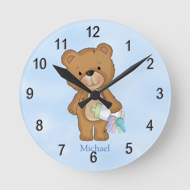 Kid's Clock Baby Boy Teddy Bear Baby Bottle Runde Wanduhr (Vorderseite)