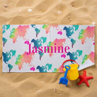 Kids Colorful World Map Personalized Name Monogram Strandtuch