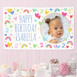 Kids Custom Age Birthday Niedlich Rainbow Hearts F Banner<br><div class="desc">Feiern Sie mit diesem niedlichen und farbenfrohen Party-Banner den Zauber, zwei zu drehen! Eine lustige Vorlage personalisiert mit dem Foto und Namen Ihres Kindes. Farbenfrohe Regenbögen, Herzen, Sterne und das überaus wichtige Geburtstagszeitalter werden während des gesamten Designs wiederholt. Ideal, um das 1., 2., 3., 4. oder 5. Frühjahr zu feiern,...</div>