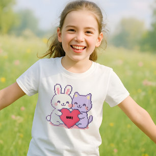 Kids’ Custom Kawaii Pixel Bunny & Cat Heart T-Shir T-Shirt