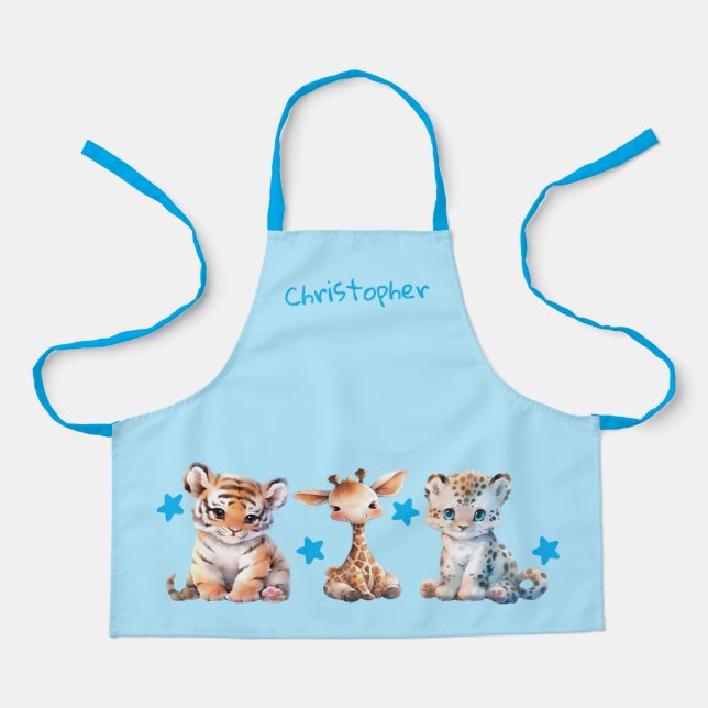 Kid's cute animals stars add name blue schürze (Vorderseite)