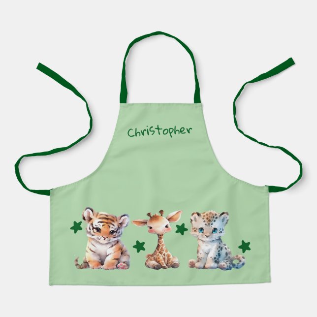 Kid's cute animals stars add name green schürze (Vorderseite)