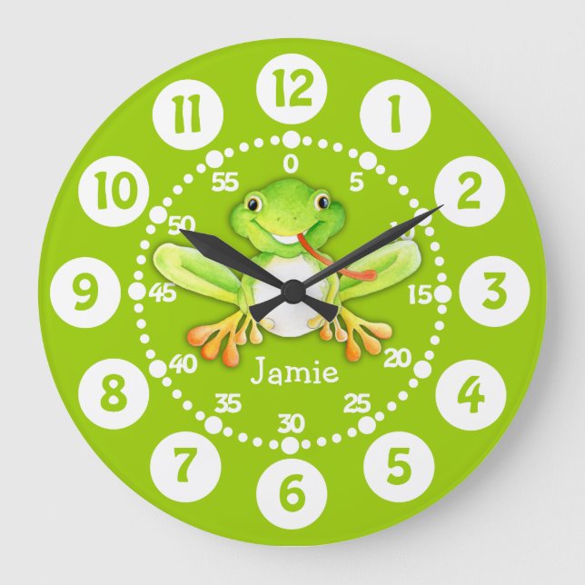 Kids cute frog green wall clock große wanduhr (Vorderseite)