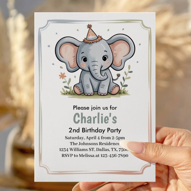 Kids Cute Green Elephant 2nd Birthday Party Einladung (Von Creator hochgeladen)