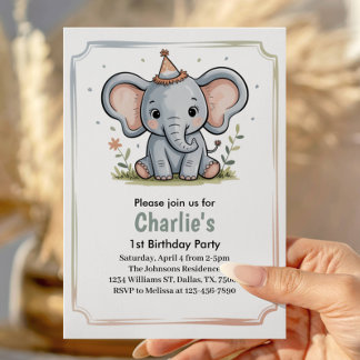 Kids Cute Green Elephant Birthday Party Einladung