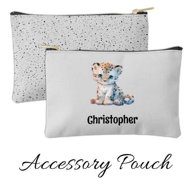 Kids cute leopard add a name grey black zubehörtasche (Von Creator hochgeladen)