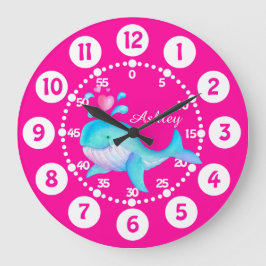 Kids cute whale spurting art pink aqua blue clock große wanduhr