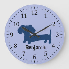 Kids Dachshund Wall Clock Blue Wiener Dog Nursery Große Wanduhr