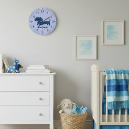 Kids Dachshund Wall Clock Blue Wiener Dog Nursery Große Wanduhr