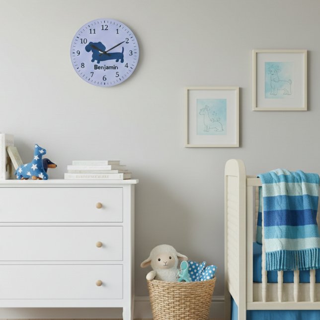 Kids Dachshund Wall Clock Blue Wiener Dog Nursery Große Wanduhr (Boys room dachshund wall clock - blue tones)