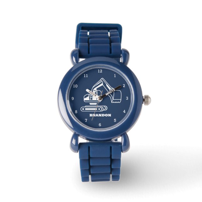 Kids Digger Boys Blue Individuelle Name Armbanduhr (Vorderseite)