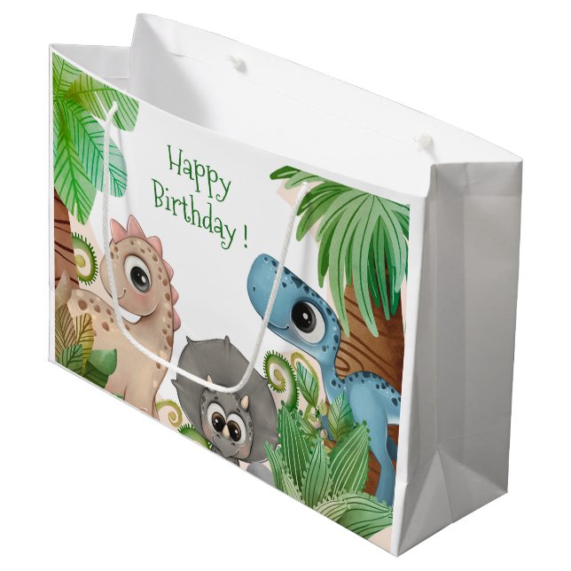 Kids Dinosaur Birthday Große Geschenktüte (Vorderseite Schrägansicht)