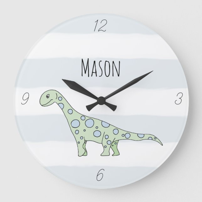 Kids Dinosaur Cartoon & Name Boys Nursery Große Wanduhr (Vorderseite)