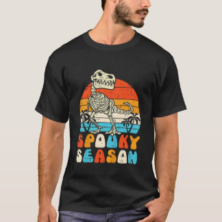 Kids Dinosaur Skeleton Spooky Season Retro Hallowe T-Shirt