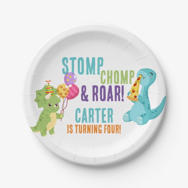 Kids Dinosaurier Pizza Party Rundpapier Teller (Vorderseite)