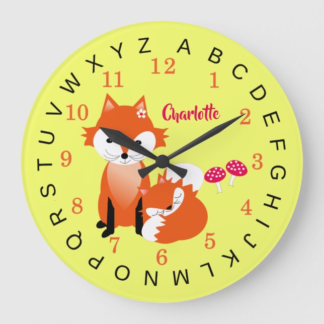 Kids Educational Alphabet Cute Fox Personalized Große Wanduhr (Vorderseite)
