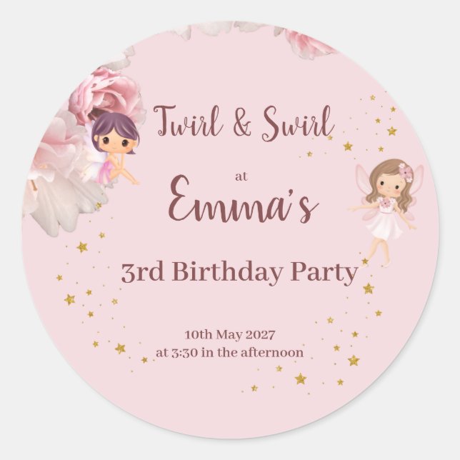 Kids Fairy Themed Party Invitation Runder Aufkleber (Vorderseite)