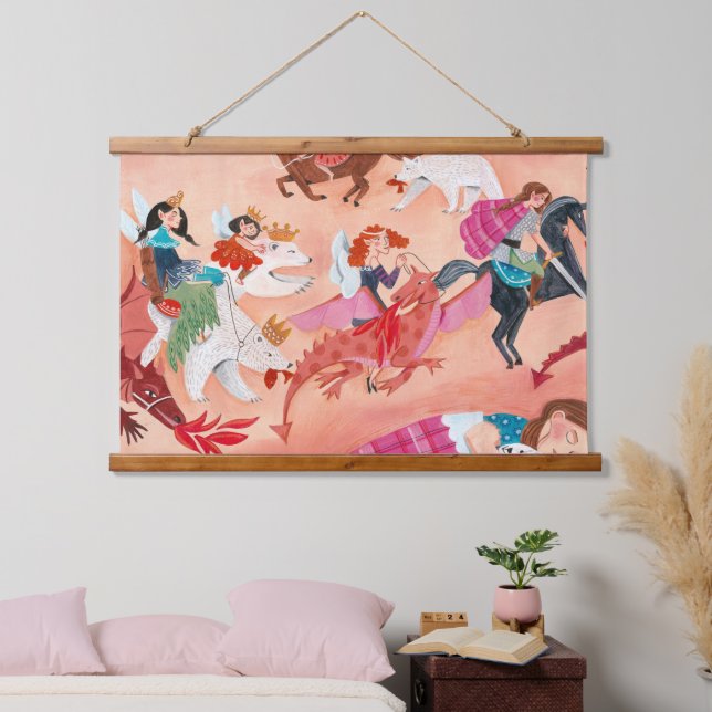Kids Feen & Dragon pink Märchendarstellung Wandteppich Mit Holzrahmen (Schlafzimmer)