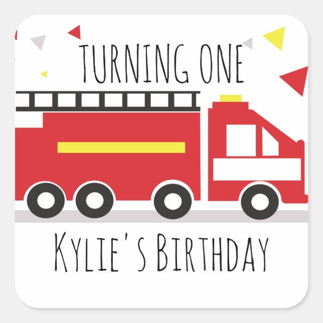 Kids Firetruck Fun Confetti Geburtsname Quadratischer Aufkleber (Vorderseite)
