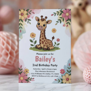 Kids Floral Giraffe Jungle 2. Geburtstag Party Einladung