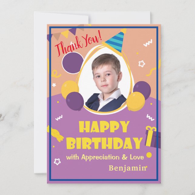 Kids Foto Balloons Happy Birthday Personalize Dankeskarte (Vorderseite)