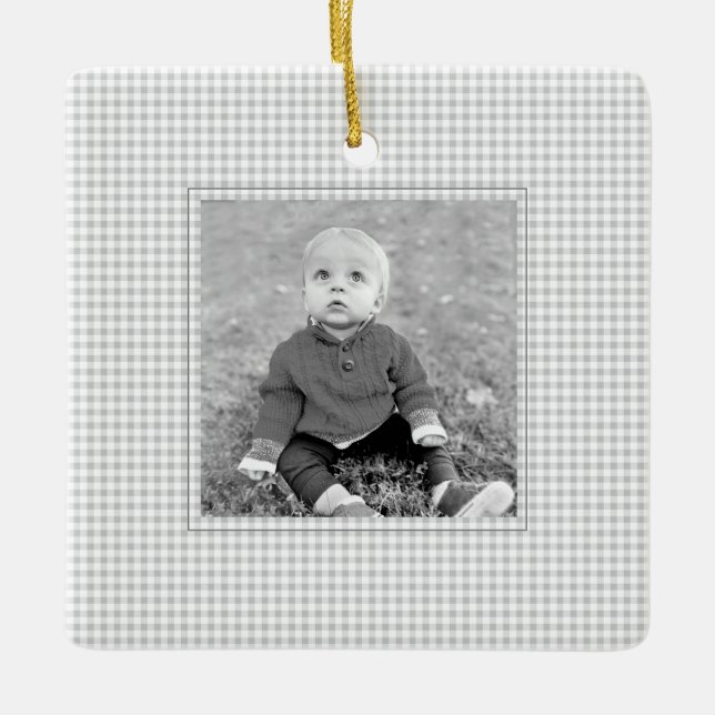 Kids FOTO NAME JEAR Gingham Jährlicher Spaß Keramikornament (Vorderseite)