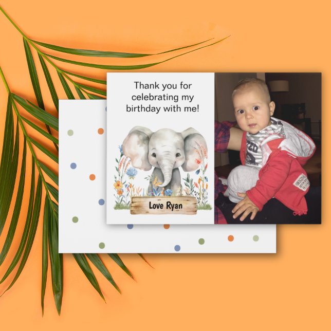Kids Foto Vielen Dank Dankeskarte (Safari Jungle Elephant Colorful Flowers Dots Personalizable Photo Birthday Thank You Card)