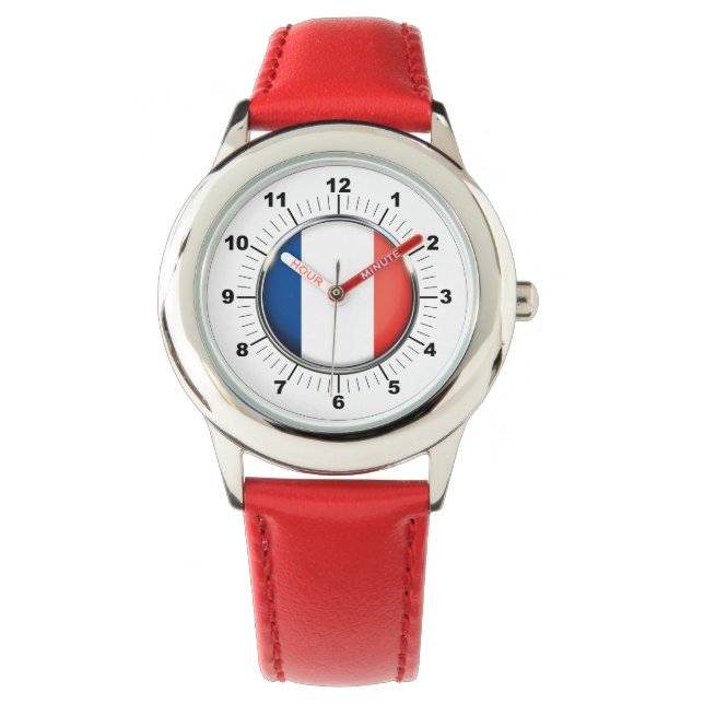 Kid's Frankreich Flag Rote Nummer aus rotem Edelst Armbanduhr (Vorderseite)
